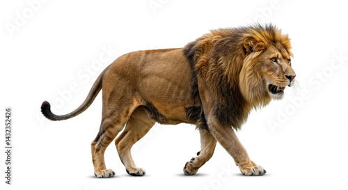A majestic lion walking with a thick mane isolated on a white background in a studio setting