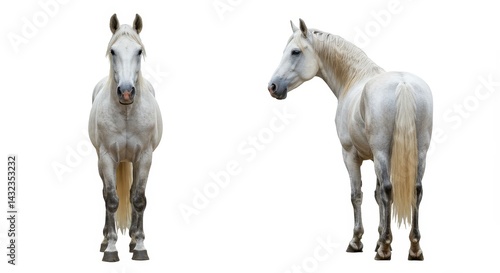 Two views of a white horse standing on a white background with a front and side profile view shown