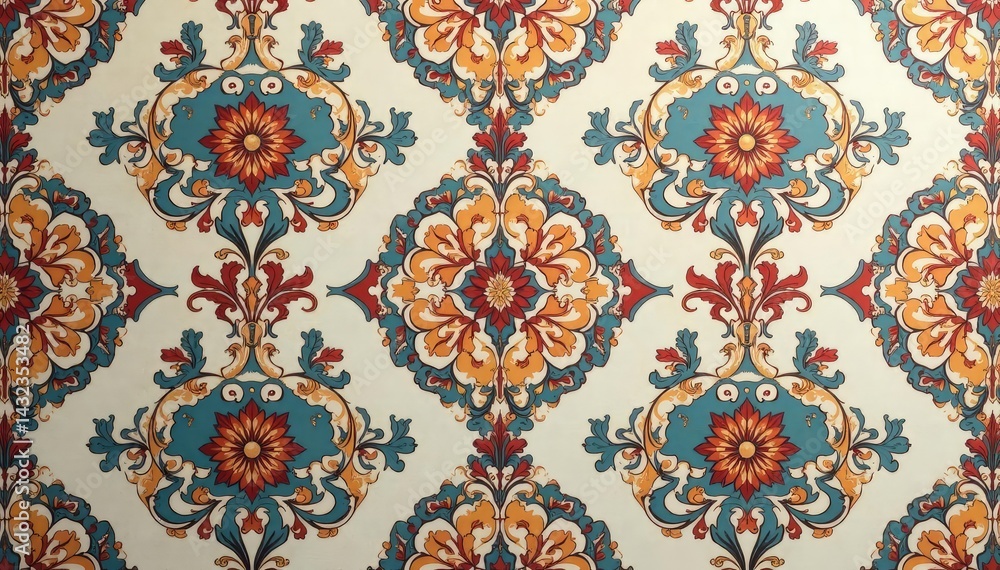 Symmetrical paisley damask design with a repeating scrollwork motif in muted tones , illustration, elegant