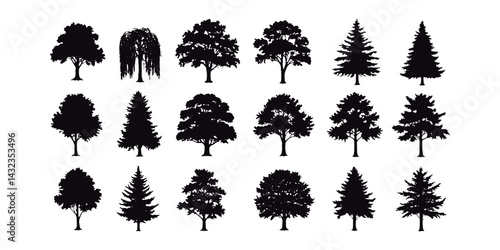 Set of Black Tree Silhouettes. Tree Silhouette Bundle for Design.
