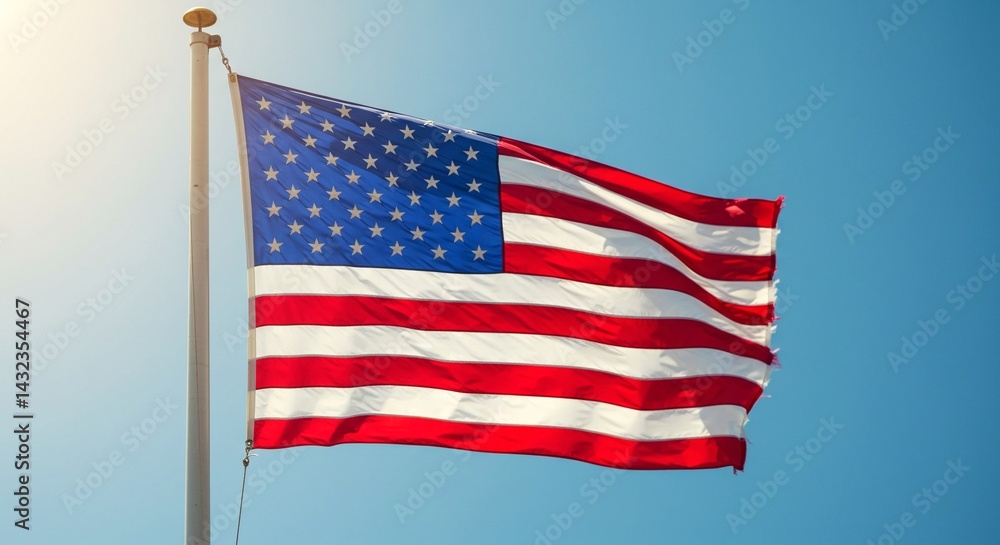 Fototapeta premium Memorial Day - A low angle shot of the american flag waving proudly against a clear blue sky on a sunny day