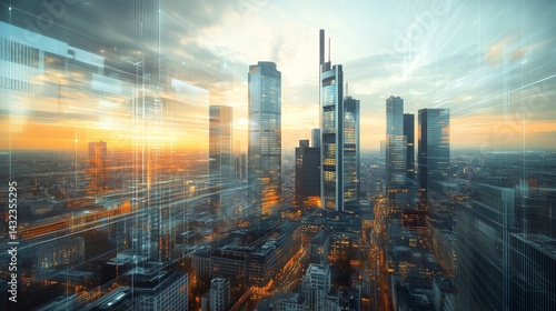 Futuristic cityscape of Frankfurt with glass skyscrapers featuring digital overlays and a clean composition