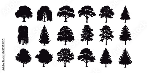 Set of Black Tree Silhouettes. Tree Silhouette Bundle for Design.
