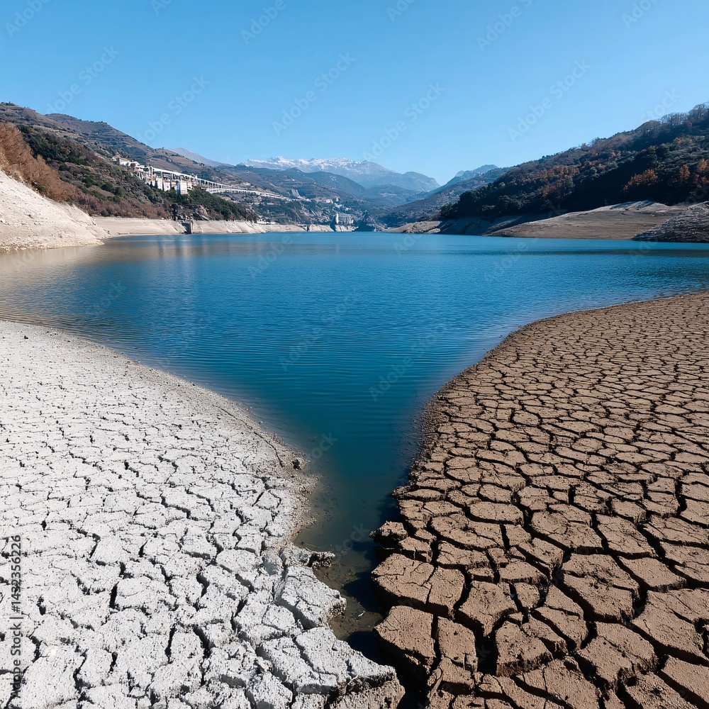 Drought Affects Lake Shoreline With Cracked Earth and Clear Blue Sky on Calm Day