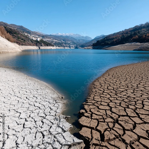Obraz na płótnie Drought Affects Lake Shoreline With Cracked Earth and Clear Blue Sky on Calm Day w salonie
