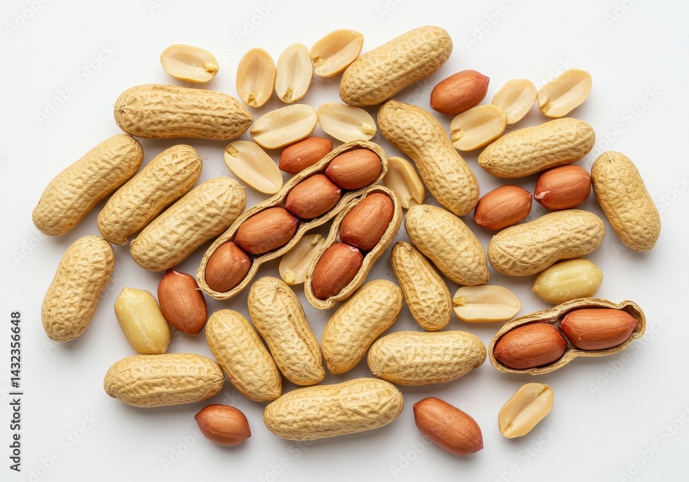 A top view of a pile of peanuts, some in shells and some shelled, scattered on a white background A top view of a pile of peanuts, some in shells and some shelled, scattered on a white background