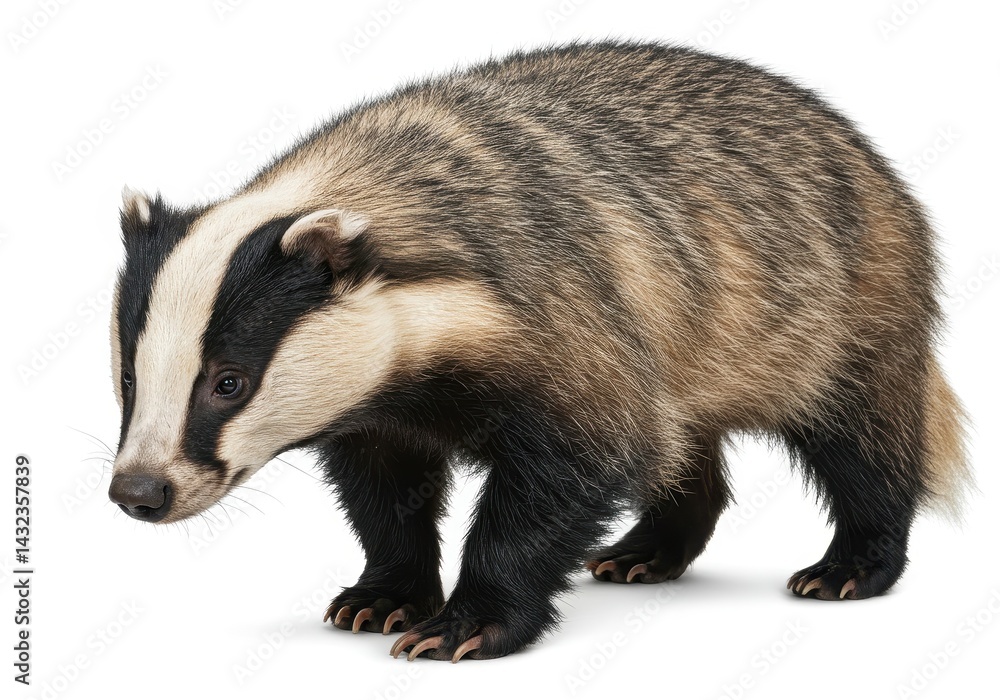 A badger standing on a white background with its head down looking at something on the ground now A badger standing on a white background with its head down looking at something on the ground now