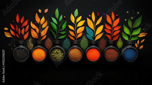 Fototapeta Naklejka Na Ścianę i Meble -  Colorful spice jars with autumnal leaves