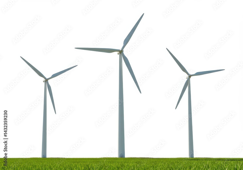 Three wind turbines standing in a field of green grass against a bright white background on a sunny day Three wind turbines standing in a field of green grass against a bright white background on a sunny day