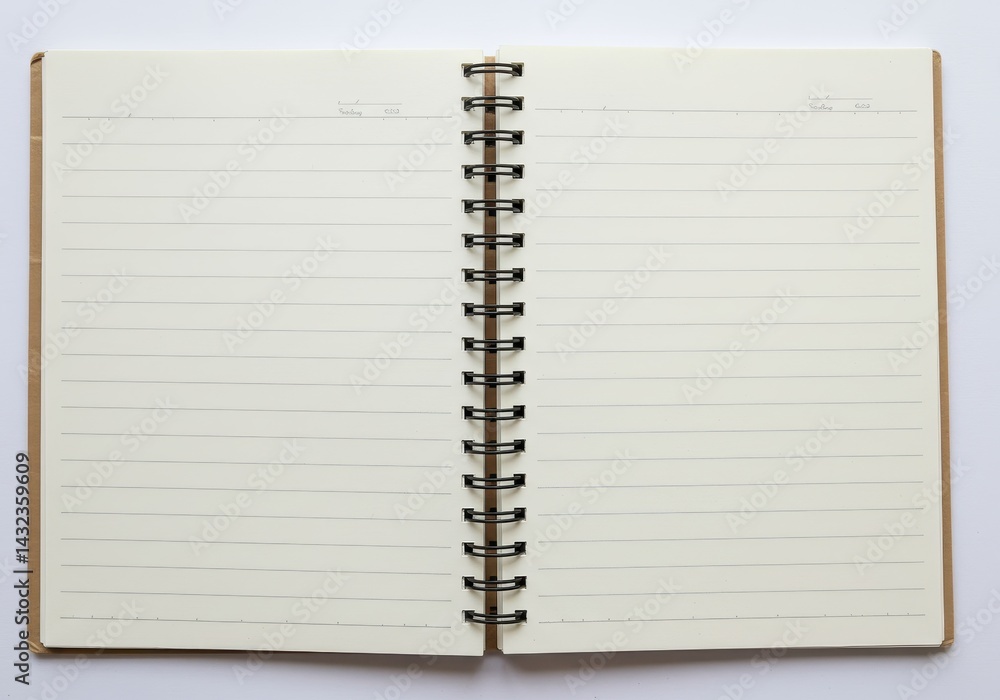 Open spiral bound notebook with lined pages lying flat on a white surface in a top down view Open spiral bound notebook with lined pages lying flat on a white surface in a top down view