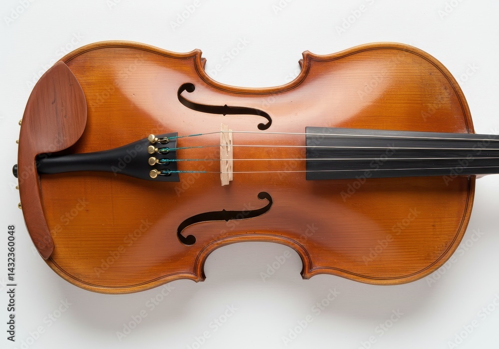 Fototapeta premium Close up view of a violin showing the body strings and bridge on a white background surface flat lay