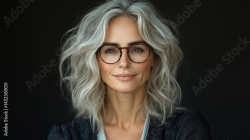Confident woman with gray hair and glasses
