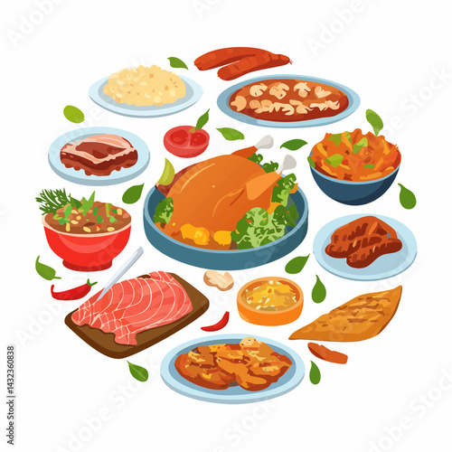 Different food of world set. Diversity ethnic cuisines collection with traditional dish of country to taste, BBQ sausages and salmon, lasagna and roast turkey, steak cartoon vector illustration