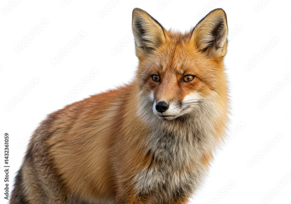 Fototapeta premium Close up portrait of a red fox with a white background looking to the side with alert expression