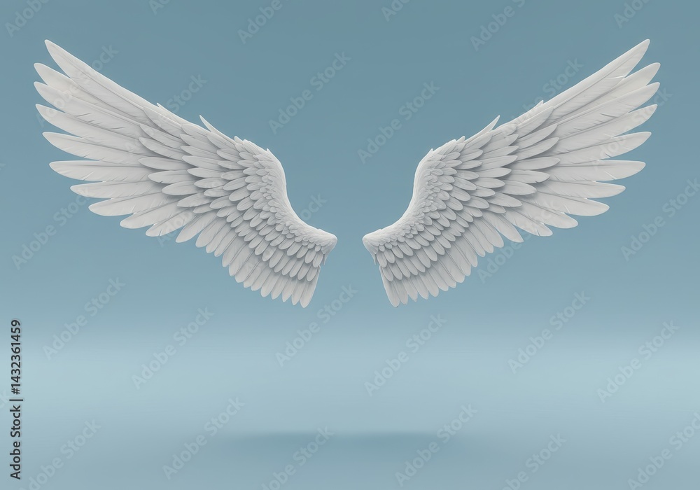 Obraz premium Two white angel wings spread out against a light blue background in a symmetrical composition