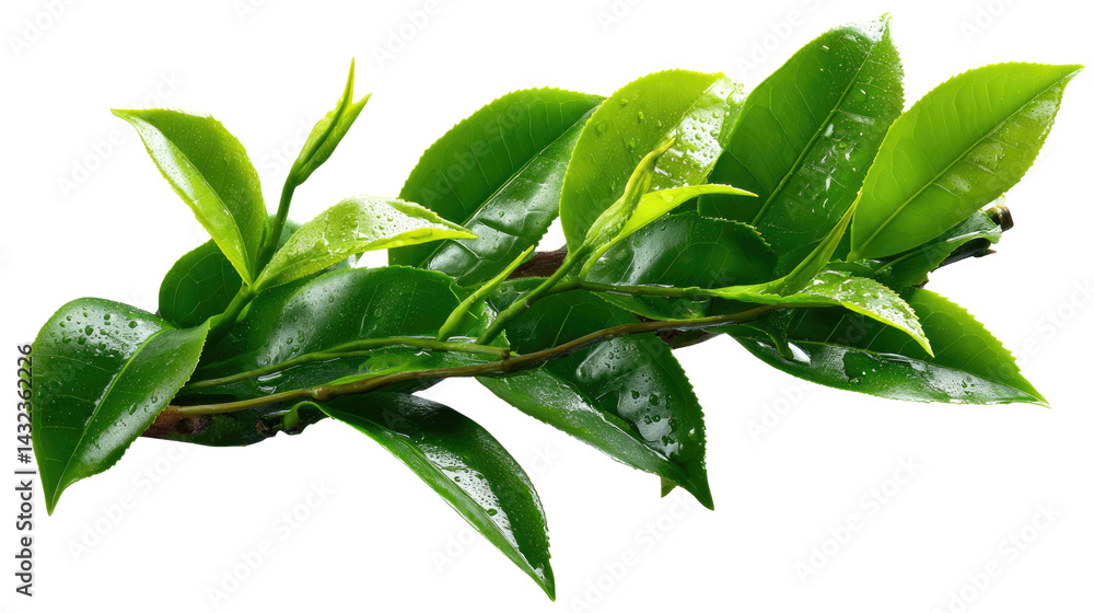 Fototapeta premium Fresh Green Tea Leaves: A close-up shot of a vibrant branch of green tea leaves, showcasing their rich, emerald hue and delicate dew drops, capturing the essence of freshness and tranquility.