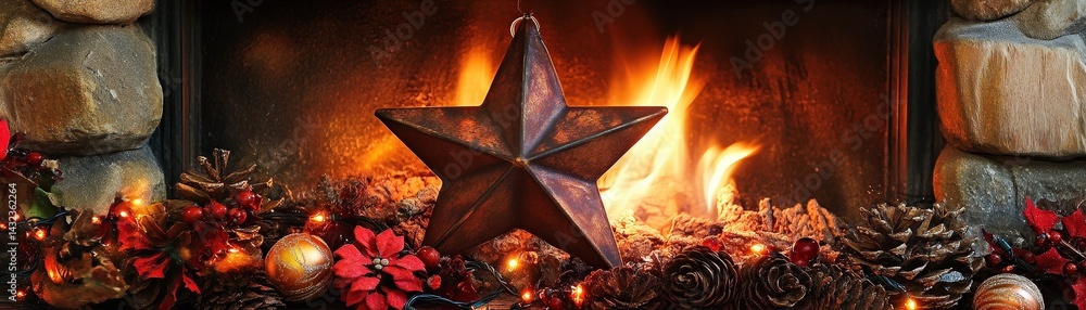 Fototapeta premium A beautifully crafted star ornament sits elegantly on the wooden mantle, surrounded by twinkling fairy lights and seasonal decorations, adding a warm, festive touch to the cozy room.