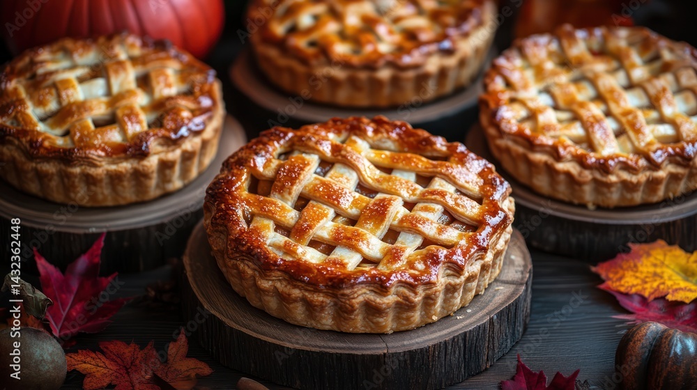 Warm autumn pies with lattice crust on wooden stands rustic seasonal display Warm autumn pies with lattice crust on wooden stands rustic seasonal display