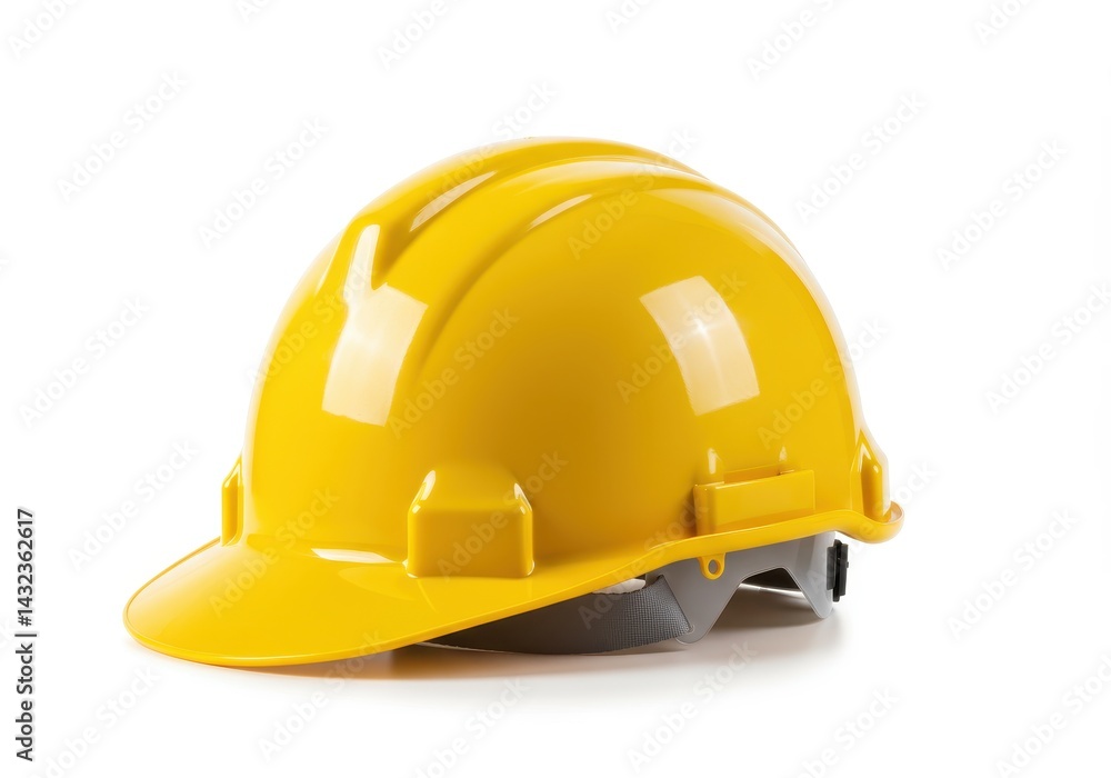 A yellow hard hat resting on a white surface with clear visibility of its glossy surface and shape A yellow hard hat resting on a white surface with clear visibility of its glossy surface and shape