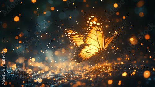 Golden butterfly lands on shimmering surface. Bokeh lights sparkle creating a magical background effect
