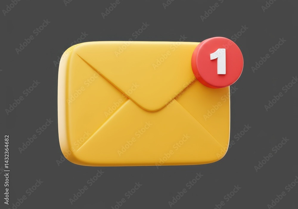 Yellow envelope icon with a red notification badge indicating one new message on a gray background Yellow envelope icon with a red notification badge indicating one new message on a gray background
