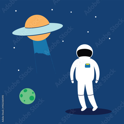 astronaut on the moon n alien vector illustration