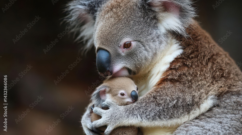 Obraz premium A tender scene of a koala gently cradling its adorable baby in its arms, nestled against its soft, gray fur. The mother’s eyes radiate warmth and affection, surrounded by lush eucalyptus leaves.