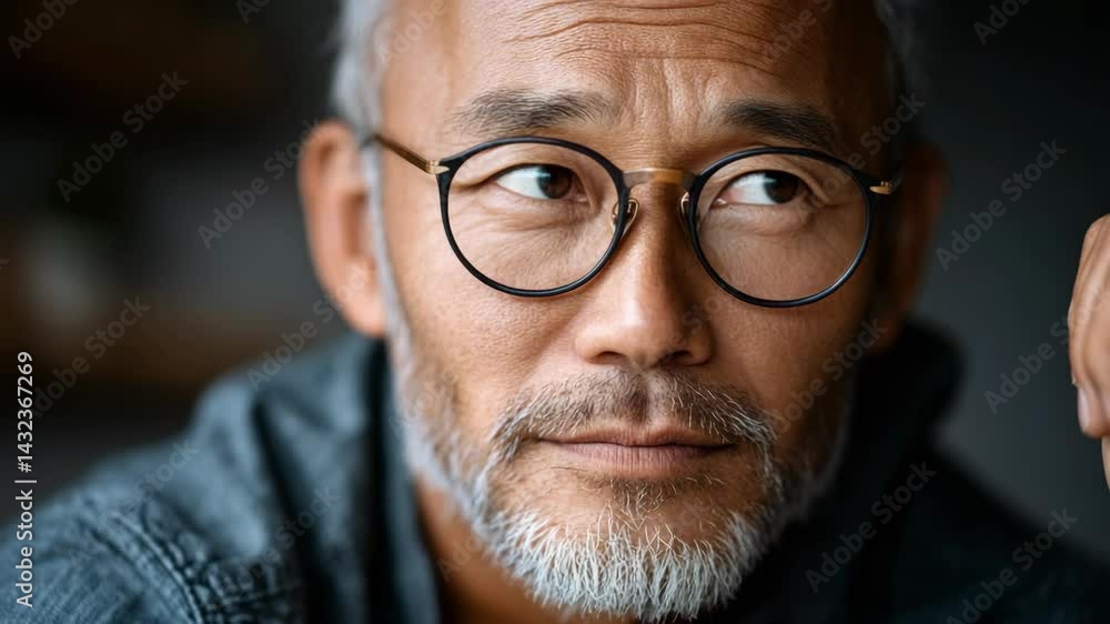 Senior adult man with gray hair and beard wearing glasses looking thoughtfully aside in a close up headshot studio portrait Senior adult man with gray hair and beard wearing glasses looking thoughtfully aside in a close up headshot studio portrait