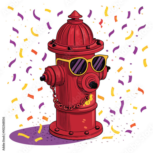 A cheerful red fire hydrant, wearing cool sunglasses, joyfully shoots vibrant confetti into the air.