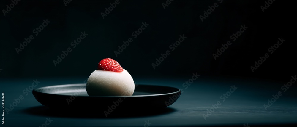 Minimalist Presentation of Daifuku with Strawberry on Black Plate Indoor Food Photography Dark Theme