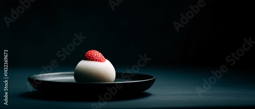 Obraz na płótnie Minimalist Presentation of Daifuku with Strawberry on Black Plate Indoor Food Photography Dark Theme w salonie