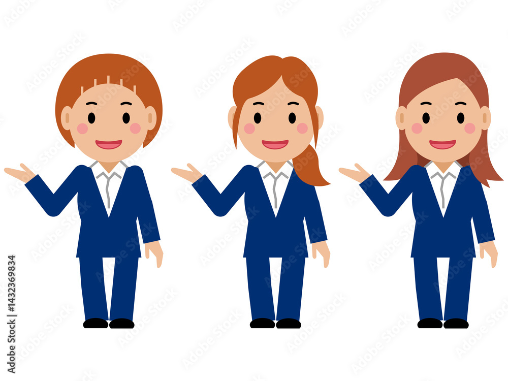 こちら、と笑顔の紺色スーツの若い女性。その2 こちら、と笑顔の紺色スーツの若い女性。その2