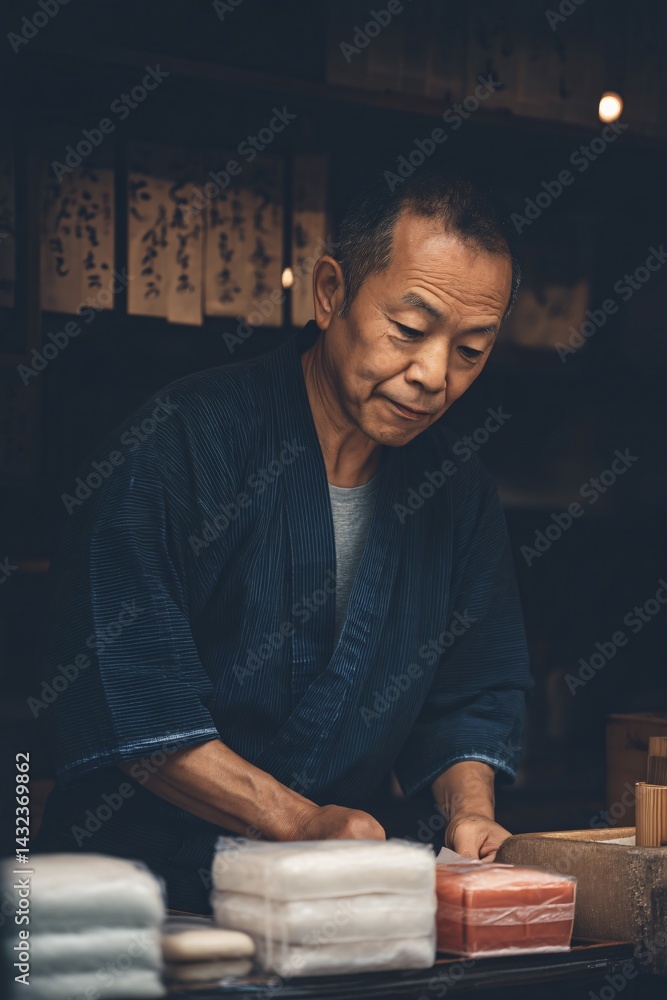 Shopkeeper Skillfully Wrapping Fresh Daifuku in Traditional Style Local Confectionery Indoor Market Cultural Craft