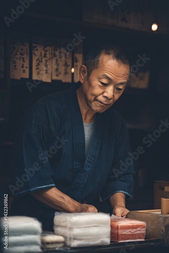 Obraz na płótnie Shopkeeper Skillfully Wrapping Fresh Daifuku in Traditional Style Local Confectionery Indoor Market Cultural Craft w salonie