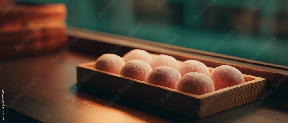 Freshly Dusted Daifuku Mochi on a Tray Traditional Japanese Setting Food Photography Cozy Atmosphere