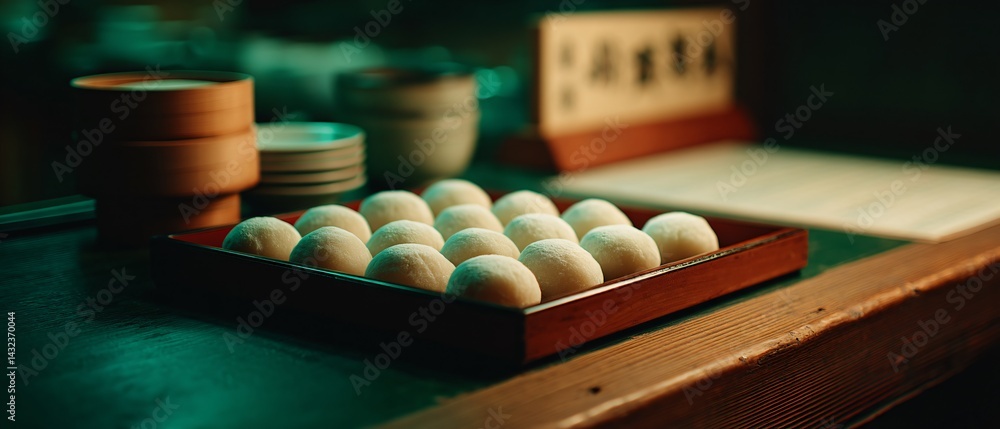Freshly Dusted Daifuku Mochi Tray Traditional Setting Food Photography Ambient Lighting Culinary Delight