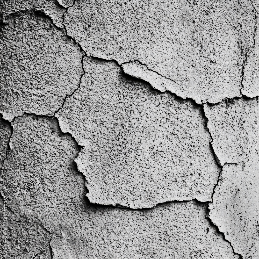 Obraz premium A striking black and white photograph showcasing a close-up view of cracked concrete, highlighting the intricate patterns and textures formed by the fissures and rough surfaces.