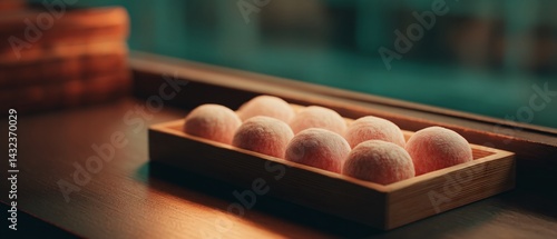 Obraz na płótnie Freshly Dusted Daifuku Mochi on a Tray Traditional Japanese Setting Food Photography Cozy Atmosphere w salonie