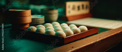 Obraz na płótnie Freshly Dusted Daifuku Mochi Tray Traditional Setting Food Photography Ambient Lighting Culinary Delight w salonie