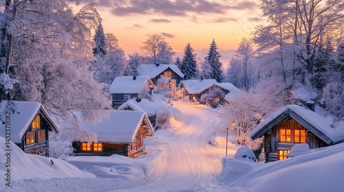 Winter Village Scene with Cozy Cabins