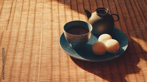 Obraz na płótnie Traditional Japanese Tea Experience with Daifuku Serene Setting Food Photography Natural Light w salonie