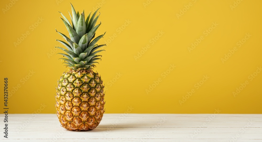 A single pineapple with green leaves on a white surface against a yellow background plain studio shot A single pineapple with green leaves on a white surface against a yellow background plain studio shot