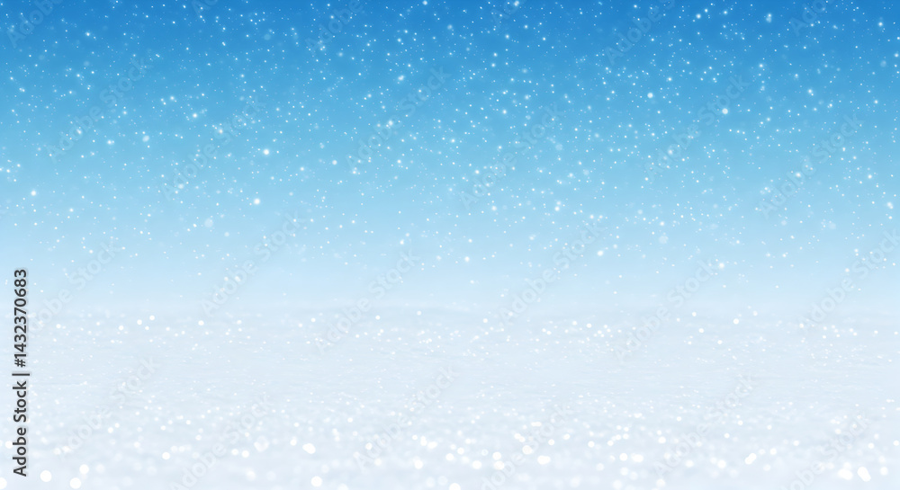 Fototapeta premium Winter Snowfall Creates Serene Blue Sky Background with Glittering Snowflakes