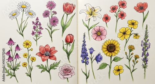 Wallpaper Mural Flower Drawing Assortment on Open Book Torontodigital.ca