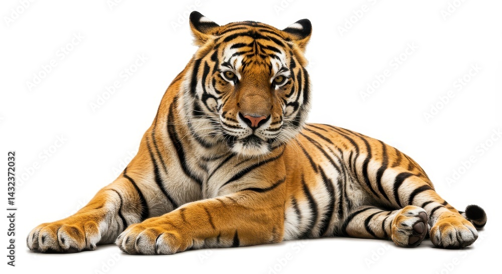 Fototapeta premium A bengal tiger resting on a white background with its paws outstretched and a focused gaze ahead