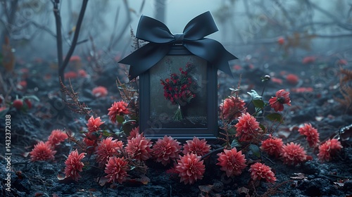 top view of black bow with red flower and picture frame on a dark surface funeral death  HD 8K wallpaper Photographic Image