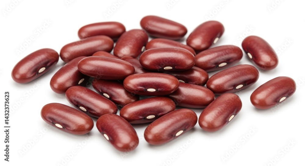 A scattered pile of kidney beans on a white surface showing their smooth texture and shape detail well A scattered pile of kidney beans on a white surface showing their smooth texture and shape detail well