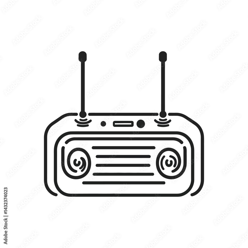 Fototapeta premium Radio Icon with Antenna in Minimalist Style, Black Outline and Transparent Background