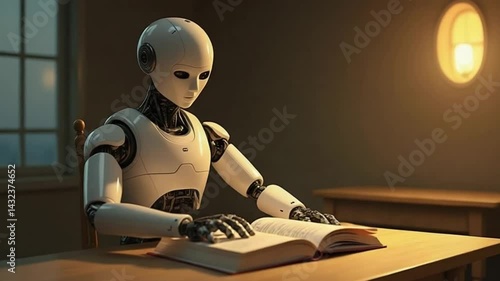 Robot Flipping Through Book at Wooden Table Under Warm Light