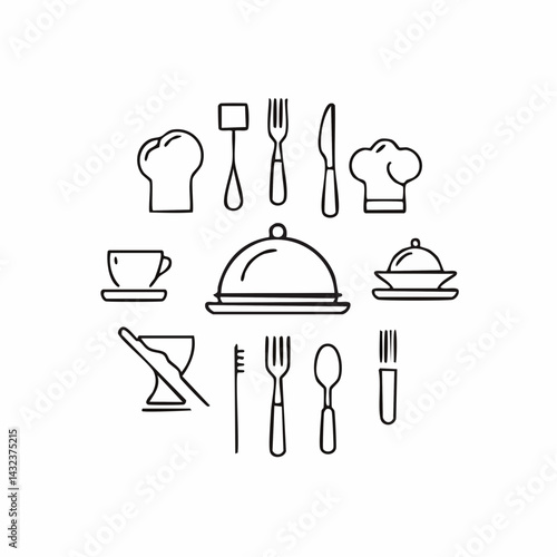 Catering thin line icon set. Containing fork, spoon, knife, plate, cloche, tray, chef hat, beverage, food, dining table, and waiter. Cutlery or tableware in restaurant. Vector illustration